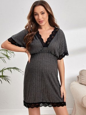 Для беременных Домашнее платье с кружевной отделкой