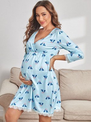 Для беременных Ночная рубашка с принтом кактуса с v-образным вырезом с кружевной отделкой