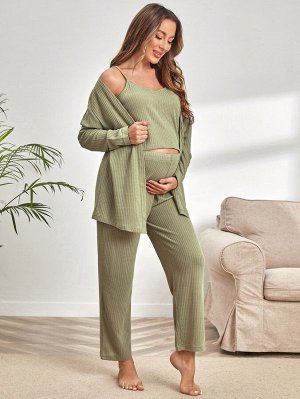 Для беременных вязаный Майка & регулируемый с эластичной талией Брюки и Халат Домашний комплект