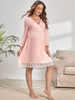 Домашнее платье с v-образным воротником с кружевной отделкой для беременных