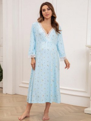 SheIn Домашнее платье с цветочным принтом с кружевной отделкой для беременных