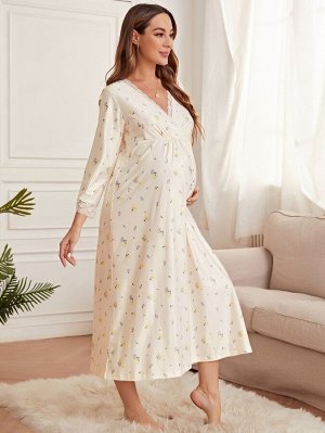 SheIn Для беременных Домашнее платье с цветочным принтом с кружевной отделкой