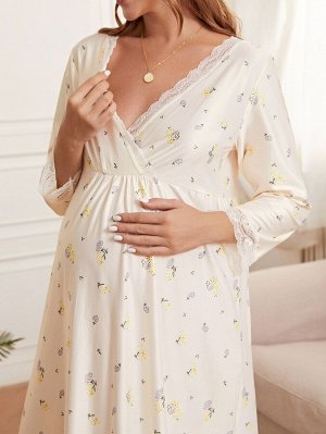 Для беременных Домашнее платье с цветочным принтом с кружевной отделкой