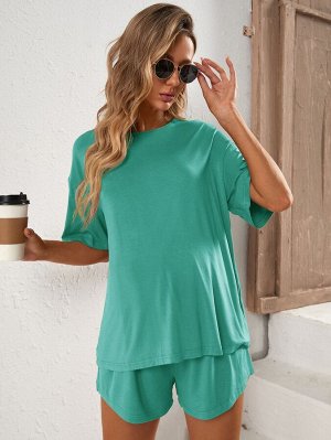 SheIn Комплект домашней одежды из однотонной футболки и шорт для беременных