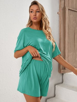 SheIn Комплект домашней одежды из однотонной футболки и шорт для беременных