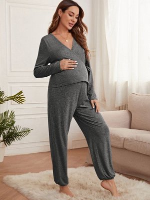 Для беременных с узлом Топ & с регулируемаяой талией Спортивные брюки Домашний комплект