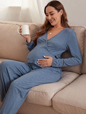 SheIn Для беременных с узлом Топ &amp; с регулируемаяой талией Спортивные брюки Домашний комплект