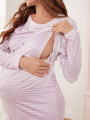 Для беременных Домашнее платье в полоску для кормления