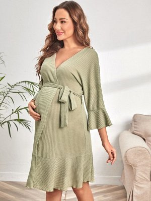 Для беременных Домашнее платье вязаный с рукавами-воланами с оборками с поясом запахом