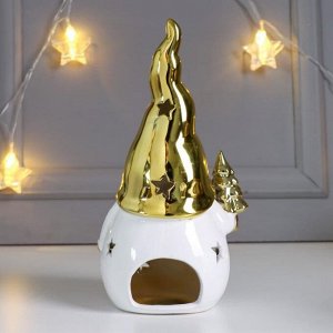 Сувенир керамика подсвечник "Дедушка Мороз в колпаке, с ёлочкой" золото 22,6х10х12,5 см