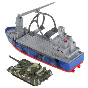 CRANEBOAT-17SLMIL-TANKBU Машина металл свет-звук ТРАНСПОРТНЫЙ КОРАБЛЬ ВОЕННЫЙ 17 см, ТАНК, инер, кор. Технопарк в кор.2*24шт