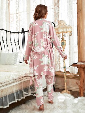 Пижама с цветочным принтом и халат с поясом 3шт