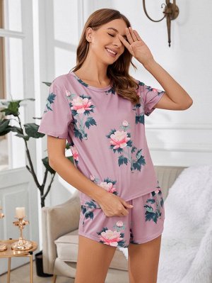 Пижамный комплект из футболки и шорт с цветочным принтом