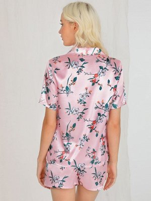 Пуговица Со цветочками Элегантный Комплект пижамы