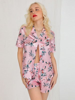 Пуговица Со цветочками Элегантный Комплект пижамы