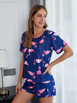 Пижама с принтом фламинго и маской для сна