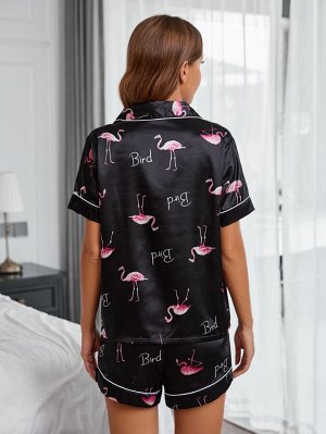 Фламинго и с текстовым принтом из атласа Блуза & Шорты Ночной комплект