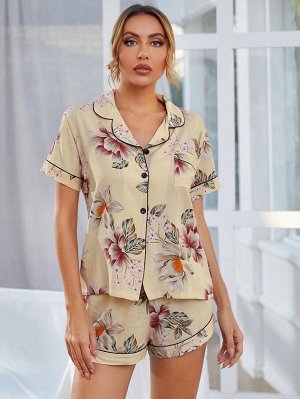 Пижама с цветочным принтом контрастной отделкой