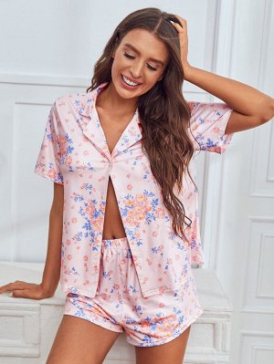 Пижама с цветочным рисунком с лацканами