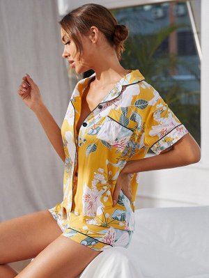 Пижама с цветочным принтом контрастной отделкой на пуговицах