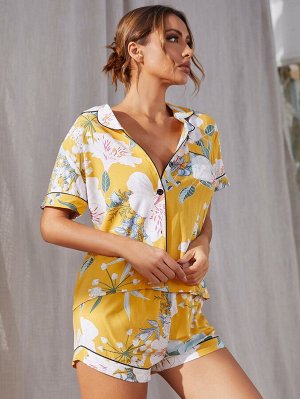 Пижама с цветочным принтом контрастной отделкой на пуговицах