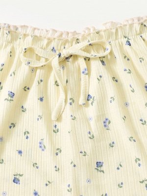 Пижама с цветочным принтом волнистой отделкой вязаный в рубчик