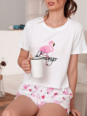 Пижамный комплект с принтом арбуза и фламинго