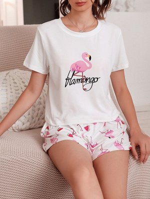 Пижамный комплект с принтом арбуза и фламинго