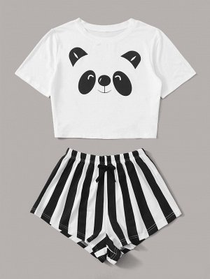 Пижама в полоску с принтом "панда "