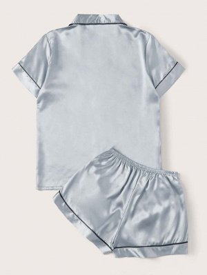 Контрастная атласная пижама с карманом