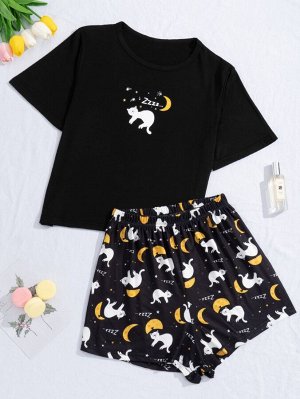 Пижамный комплект из топа с мультипликационным котом и шорт