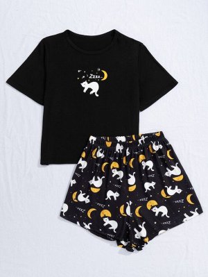 Пижамный комплект из топа с мультипликационным котом и шорт