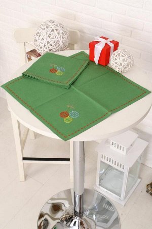 Комплект из 2 льняных салфеток с вышивкой, лен 100 % (Новогодние шары, зеленый)
