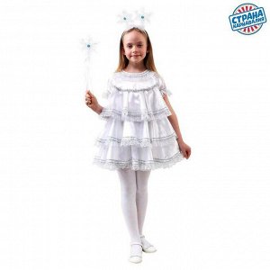 Карнавальный костюм"Снежинка с воланами"атлас белый,платье,ободок,р98-104