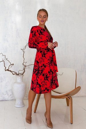 Платье Трикотажный креп Скуба сочетает в своем составе 65% вискозы, 30% полиэстера и 5% лайкры. Яркий принт состоит из двух популярных цветов осени: черного и красного. Тонкий природный узор переплета