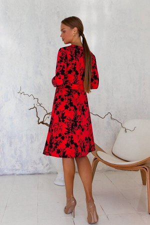 Платье Трикотажный креп Скуба сочетает в своем составе 65% вискозы, 30% полиэстера и 5% лайкры. Яркий принт состоит из двух популярных цветов осени: черного и красного. Тонкий природный узор переплета