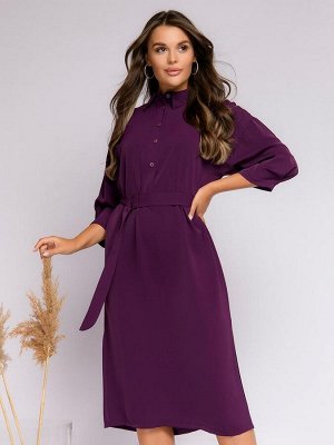Платье-рубашка фиолетового цвета длины миди с отложным воротником и поясом