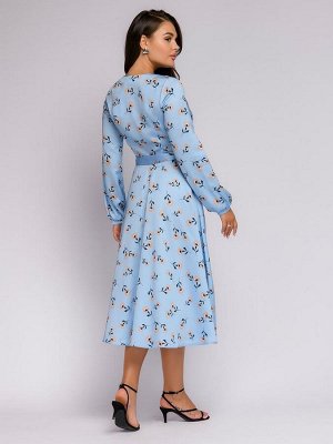 Платье голубое с цветочным принтом длины миди с запахом