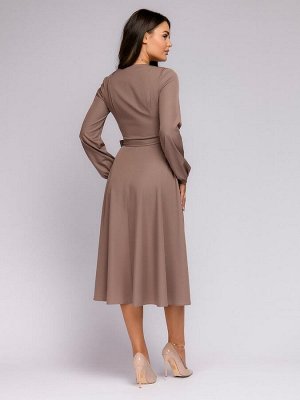 Платье серо-бежевое длины миди с запахом и длинными рукавами
