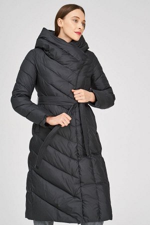 Женское текстильное пальто на искусственном пуху с отделкой из трикотажа  с поясом из текстильных материалов