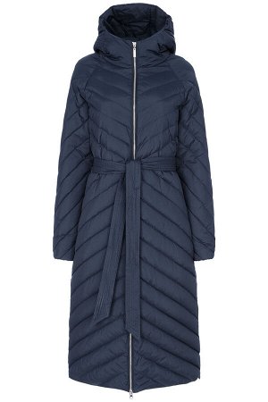 Топ Женское текстильное пальто на натуральном пуху с текстильным поясом |Тёмно-синий| 100% полиэстер+   текстильный пояс (100% полиэстер)|La Reine Blanche