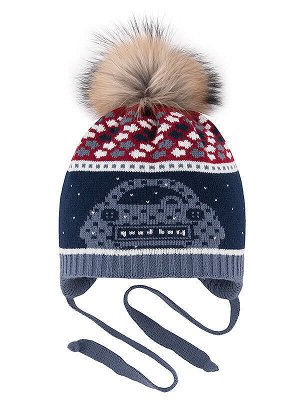Зимняя шапочка с вшитыми завязками. Помпон из натурального меха