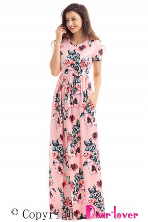 Розовое макси платье с цветочным принтом и боковыми карманами