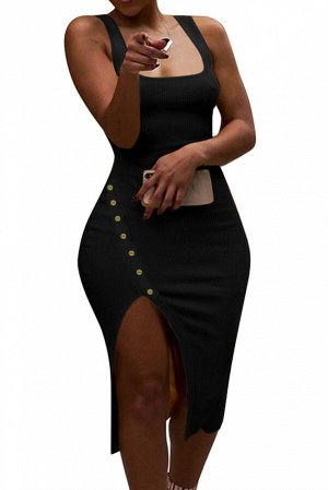 Черное обтягивающее платье с квадратным вырезом и разрезом на пуговицах
