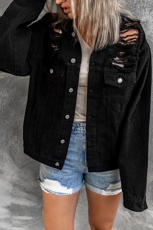 Черная джинсовая куртка с разрезами на плечах