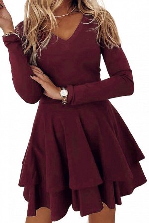 Бордовое платье беби-долл с V-образным вырезом и пышной двухслойной юбкой