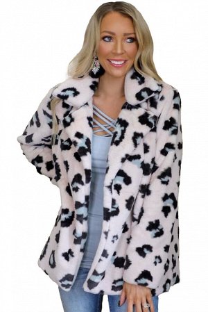Белое плюшевое пальто с леопардовым принтом
