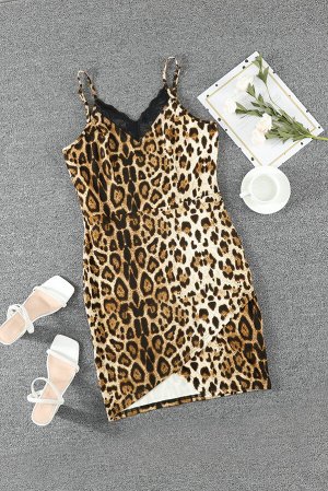 Леопардовое обтягивающее платье с V-образным вырезом с кружевной отделкой