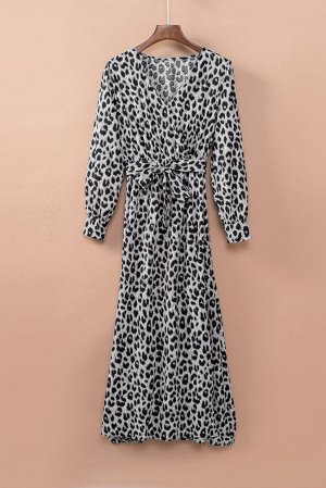 Черно-белое леопардовое платье макси с V-образным вырезом и высоким боковым разрезом