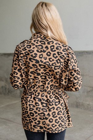 Леопардовое пальто на молнии с лацканами и кулиской на шнуровке